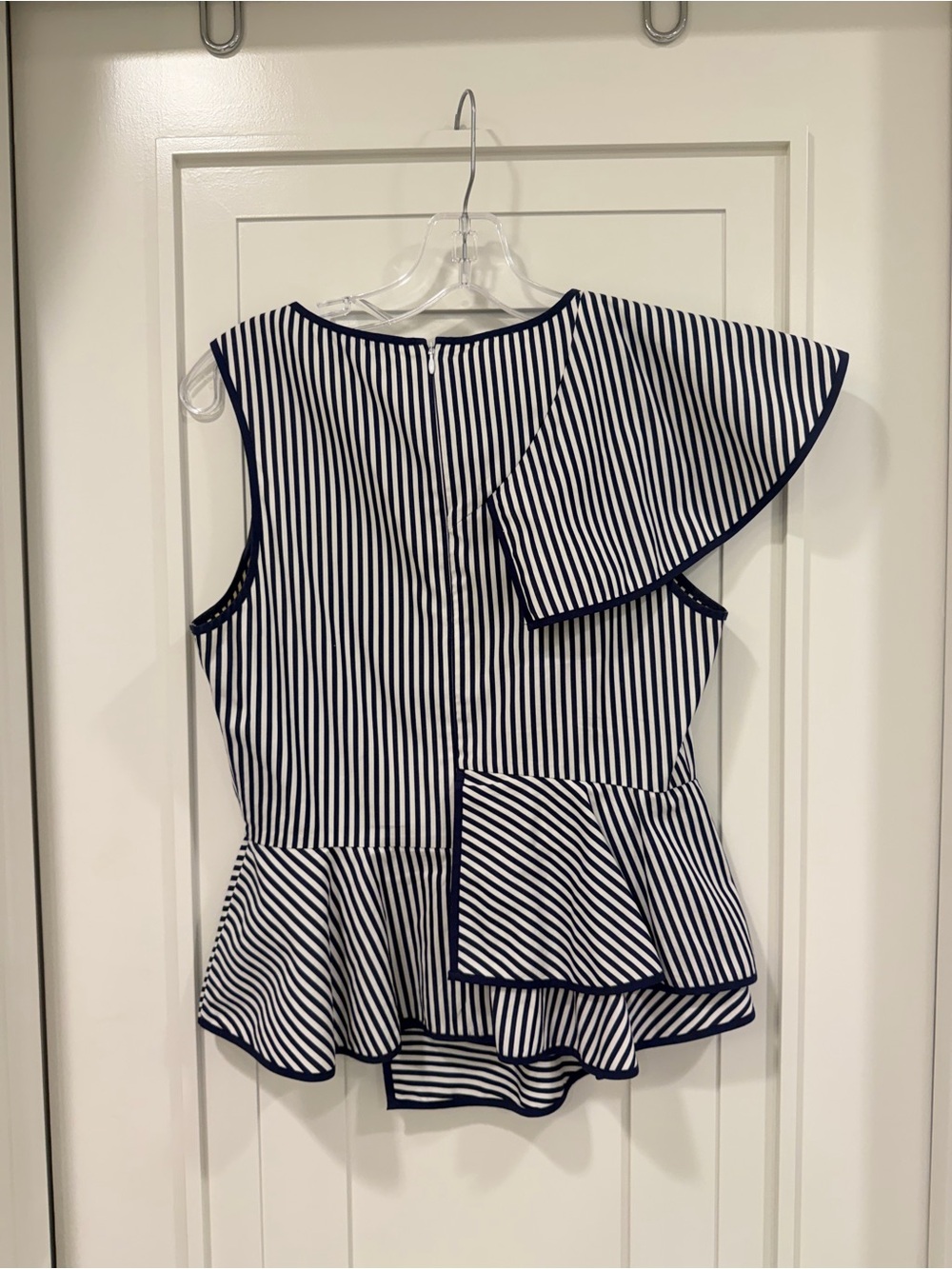 Parker Navy and White Asymmetrical Striped Peplum Top - Picture 4 of 5